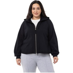 Resim Büyük Beden Kapüşonlu Fermuarlı Üç İplik Siyah Sweatshirt-siyah Siyah 