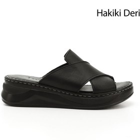 Resim GÖNDERİ(R) Kadın / Kız Siyah Çapraz Bantlı Dolgu Topuk Hakiki Deri Comfort Terlik 