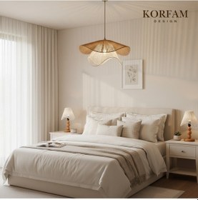 Resim Breeze Modeli Avize & Abajur Set - Hasır El Yapımı Bohem Avize 2'li Ahşap Ayaklı Rustik Abajur Set Beyaz - Kahverengi 