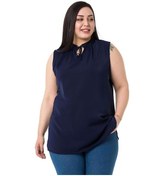 Resim Büyük Beden Yakası Bağlamalı Dik Yaka Yanı Yırtmaçlı Dökümlü Kolsuz Lacivert Bluz Lacivert 