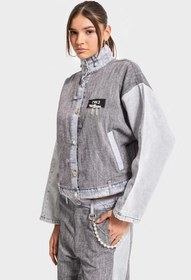 Resim Kadın Gri Renk Kumaş ve Denim Parçalı Aksesuar Detaylı Bol Kesim Özel Tasarım Denim Ceket - Gri / S 