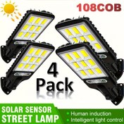 Resim 4 adet Güneş Akıllı Sensör Işıkları, 108COB Güneş Duvar Işıkları, 3 Aydınlatma Modu Hareket Sensörü Güneş Işıkları, Bahçe, Patio, Deck, Yol, Sokak Aydınlatması için Duvar Işıkları 