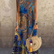 Resim Kadınlar için kolsuz paisley desenli maxi elbise - Rahat yuvarlak yaka, canlı kırmızı ve altın desen, hafif polyester, bahar/yaz/sonbahar için dış mekan moda | Paisley desenli elbise | Parlak dokulu 