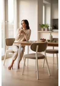 Resim Canisa Toldy Serisi 4 Adet Cappucino Bukle Kumaş Mutfak Sandalyesi Beyaz Metal Ayak Cappucino Sandalye Ayaklar Beyaz 