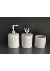 Resim Beyaz Mermer 3'lü Banyo Seti Gümüş Rengi Zeytindalı Akseuarlı Beyaz 
