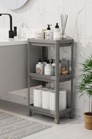 Resim 3 Katlı Tekerlekli Raf Ünitesi - Banyo & Mutfak Organizer - Çok Amaçlı Servis Sehpası - Dar Alanlar İçin Pratik Saklama Çözümü (GRİ) 