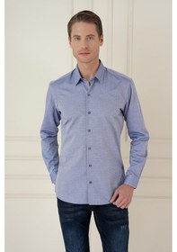 Resim Slim Fit %100 Pamuk Uzun Kol Dokulu Klasik İndigo Gömlek Gk 749 Indigo 