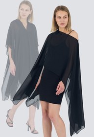 Resim Laranor Siyah İkili Takım Askılı Elbise Üstü Asimetrik Şal Kimono ( Dilerseniz Ayrı Ayrı Kullanabilirsiniz) 