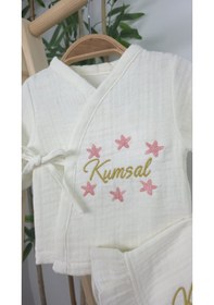 Resim Gros Shop Müslin Yeni Doğan 4katlı Organik %100pamuk Kişiye Özgü Nakışlı Hastane Çıkış Seti Okyanus Model-2 Ekru-1 