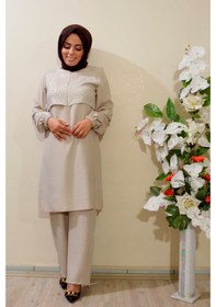 Resim Deryam Tekstil Kadın Sofya Keten Tunik Pantolon Takımı Krem 46 Beden Krem 