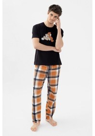 Resim Koza İç Giyim Erkek Kısa Kollu Pamuklu Ekose Desenli Ayıcık Baskılı Pijama Takımı Ko60101 Turuncu 