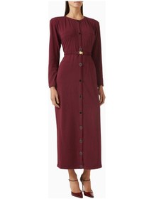 Resim Rowen Rose Belted Cardigan Dress, Lüks Örgü Kumaşlı Kuşaklı Şık Triko Elbise Abiye Bordo 40 