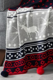 Resim Geyikli Ponponlu Triko Örme Tv Battaniyesi Yılbaşı Hediyesi-130x170 Cm-lacivert Lacıvert Lacivert 