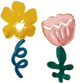 Resim Çift Tatlı & Taze Asimetrik Çiçek Küpeleri - Canlı Akrilik Çiçek Tasarımı Paslanmaz Çelik Çivilerle, Günlük Kullanım veya Tatil için İdeal 