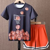 Resim 2 adet Erkek Çocuk Rahat Yazlık Giysileri, Karikatür Basketbol 3D Grafik Baskılı Kısa Kollu T-shirt ve Şort Takımı 