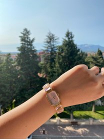 Resim Tasarım Pudra Cam Taşlı Gold Çelik Saat 