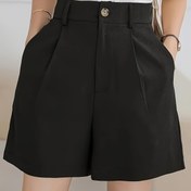 Resim Eğik Cepli Şık Yüksek Bel Kadın Şortları - Düz Renk, Polyester, Makinede Yıkanabilir 