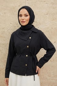 Resim adamila Kadın Siyah Yaka Düğme Detaylı Belden Bağlamalı Şık ve Modern Tesettür Gömlek Tunik Yazlık 