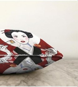 Resim RealHomes Çift Taraflı Suşi Yiyen Japon Kız Motifli Modern Raşel Örme Yastık Kılıfı, Sonil-K-5843-55x55cm 