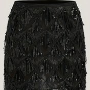Resim Kadınlar için Şık Payetli Katlı Etek - Yüksek Bel, Püskül Detay, Esnek Polyester, Makinede Yıkanabilir, Siyah, Tüm Mevsimler İçin Mükemmel, Rahat Şık Kıyafet | Püskül Detaylı Etek | Parıltılı Payet 