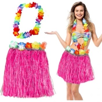 Hawaii Luau Aloha Pembe Püsküllü 40 cm Etek ve Hawaii Kolye Seti