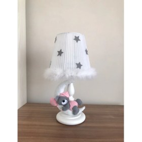 Resim Bebek Çocuk Odası Abajur Ay Ayıcık Beyaz Açık Pembe Balon Gri Yıldız 