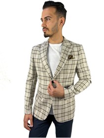 Resim AGUSTİNİ Ekru Renk Ekose Blazer Tek Ceket Sivri Yaka Regular Fit | Agustini 