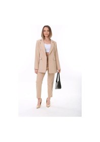 Resim Kadın Düğmeli Blazer Ceket Kemerli Pantolon Dokuma Atlas Kumaş Takım Elbise - Saks Mavi 