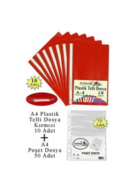 Resim Telli Dosya Plastik A4 10 Lu Ve Poşet Dosya 50 Li 1 Paket Ekonomik Kaliteli Şeffaf Kapak Telli Dosya Okul Büro Ofis Kırmızı 