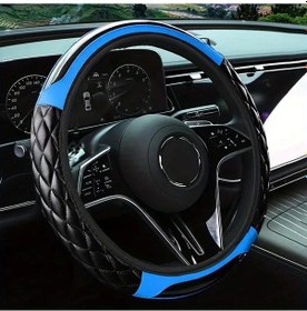 Resim Dashanshop Karbon Desenli Mavi Kare Direksiyon Kılıfı 15 Inç Nefes Deri Koruması Mavi 