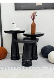 Resim AYLESA Doğal Ahşap 3’lü Set Mantar Yan Sehpa Modern Siyah Renk Fiskos Zigon Çiçeklik 