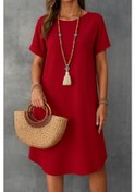 Resim Kadın Kısa Kollu Kayık Yaka Bürümcük Elbise Kırmızı 