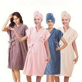 Resim 2 Adet Büyük Boy Banyo Eteği + Prenses Duş Bonesi Seti, Bornoz Boyutu 89.99*140.0 cm, Geniş Havlu Vücut Sarma, Ayarlanabilir, Kalınlaştırılmış Mercan Poları, Yumuşak ve Emici, Ev Kullanımı, Seyahat, Sauna ve Spa için Mükemmel 