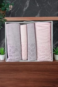 Resim Hazal%100 Pamuklu Kutulu 4'lü Banyo Havlu Seti Hamam Takımı 50x90-90x150 Gri-Pudra - 00081 