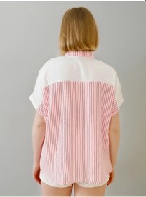 Resim Adisia Kadın Keten Oversize Pembe Cizgili Beyaz Kısa Kollu Gömlek Pembe 