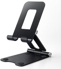 Resim Ayarlanabilir Metal Telefon ve Tablet Standı - Katlanabilir Masa Üstü Tutucu, Kaymaz Silikon Destekli, Evrensel Uyumlu, Şarj Boşluklu, Siyah 