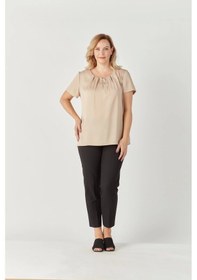 Resim Moda Berray 3202 Damla Yaka Saten Kısa Kollu Büyük Beden Bluz Bej Düz Bej 