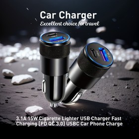 Resim USB C Araba Şarj Adaptörü [Mini & Metal] 3.1A 15W Araba Fişi USB Şarj Hızlı Şarj [PD QC 3.0] USBC Araba Telefon Şarj Cihazı 