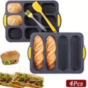 Resim 4 parça silikon Fransız ekmek ve hamburger ekmek tepsileri ile spatula ve pasta fırçası - Fırın güvenli, yapışmaz, ev yapımı ekmekler ve sandviçler için mükemmel 