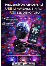 Resim Rgb Led Disko Topu Usb Şarjlı Projeksiyon Işığı 360 Döner Renkli Parti Atmosfer Lambası 
