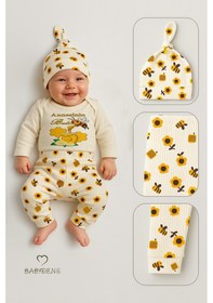 Resim Babyden's Annesinin Balı 3 Lü Yenidoğan Takım %100 Pamuk Uzun Kol Body,pantolon,bere Unisex Ekru 