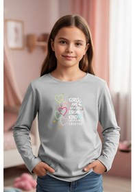 Resim Yuvarlak Yaka Girls Baskı Detaylı Kız Çocuk Sweatshirt Gri 