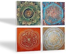 Resim Mandala, Yaşam Çiçeği, Sri Yantra Taş Bardak Altlığı Seti - 4 Parça - Dekoratif, Rustik Mutfak Aksesuarı, 10x10 cm, Kaydırmaz Tabanlı, Şık ve Dayanıklı SC157 