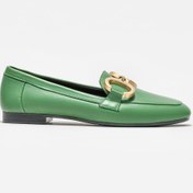 Resim Elle Yeşil Deri Kadın Loafer 