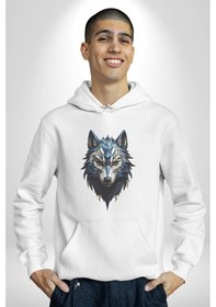 Resim Mavi Kurt Robot Kadın Erkek Beyaz Kapüşonlu Sweatshirt Hoodie Beyaz 