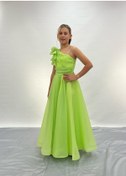 Resim Kız Çocuk Abiye Fıstıkyeşili Tek Omuz Yakası Gül Detaylı Şifon Uzun Çocuk Abiye Elbise 10-14 Yaş Fıstık Yeşili 