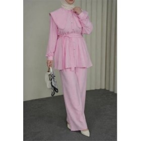 Resim Neşeli Butik Kadın Pembe Geniş Kesim Yaka Detaylı Kuşaklı Ikili Tesettür Takım NBVQ3148 