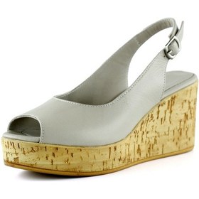 Resim Erkan Saçmacı Heather Vizon Hakiki Deri Mantar Taban Görünümlü Dolgu Topuklu Slingback Sandalet Vizon 