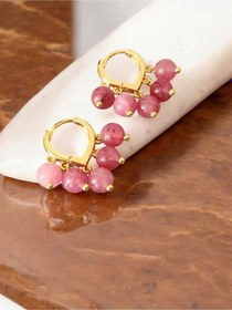 Resim Çilek Kuvars Taşı Altın Kaplama Salkım Küpe Pembe 