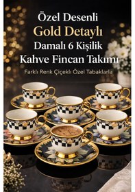 Resim Porselen Gold Ayaklı Renkli Tombul Dama Desenli 6 Lı Türk Kahve Fincan Takımı-balsa Fincan Takımı Sarı - Çok Renkli 